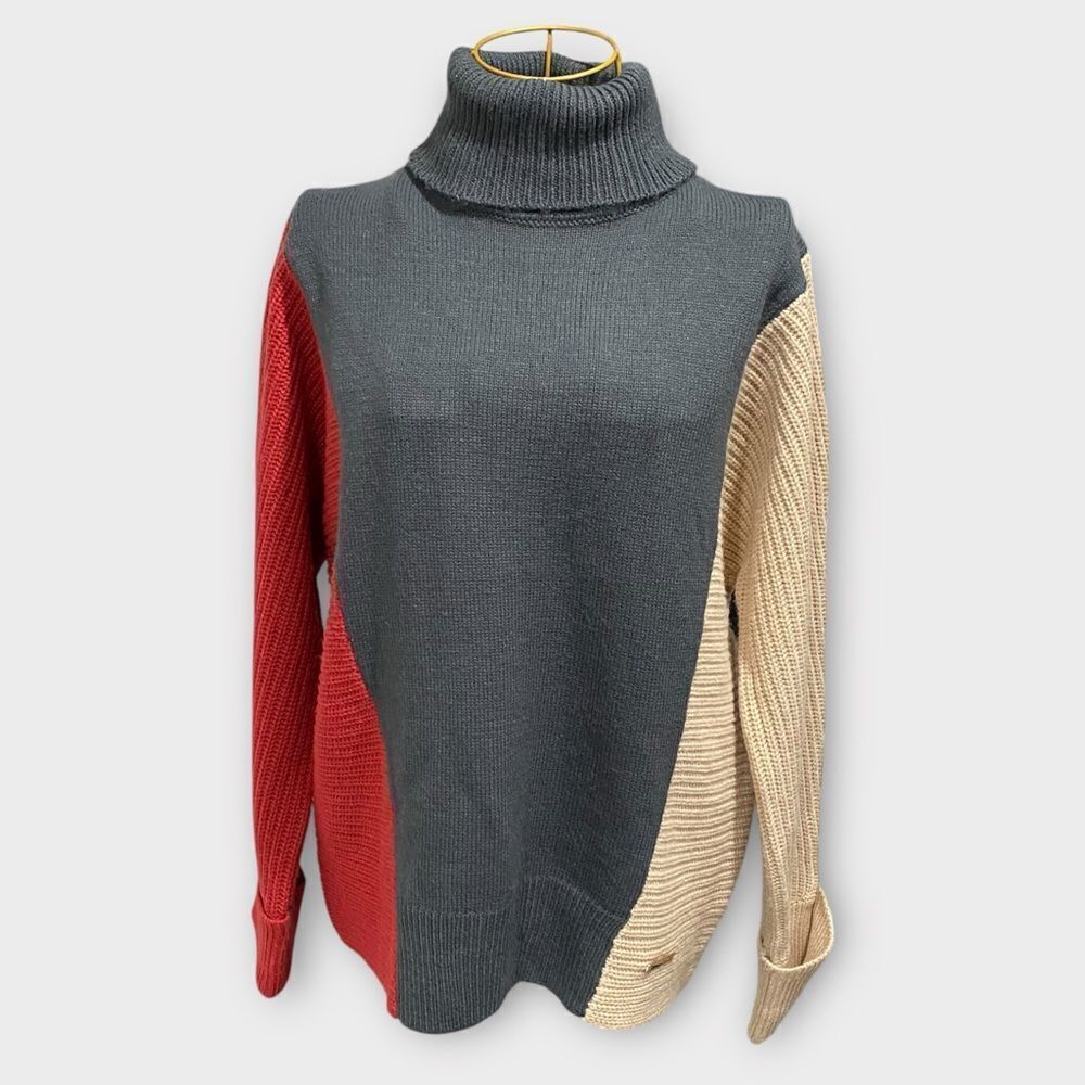 Jones New York Womens Grey, Red and Tan Colorblock Turtleneck Sweater Size S - Picture 2 of 6